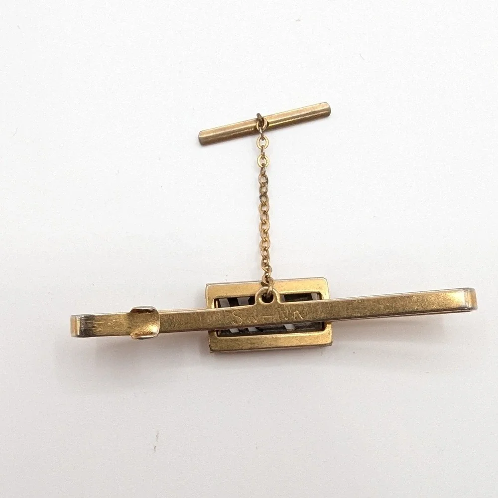 Swank Vintage Gold Tone‎ Monogram CBH Tie Clip Bar with Safety Chain T-Bar